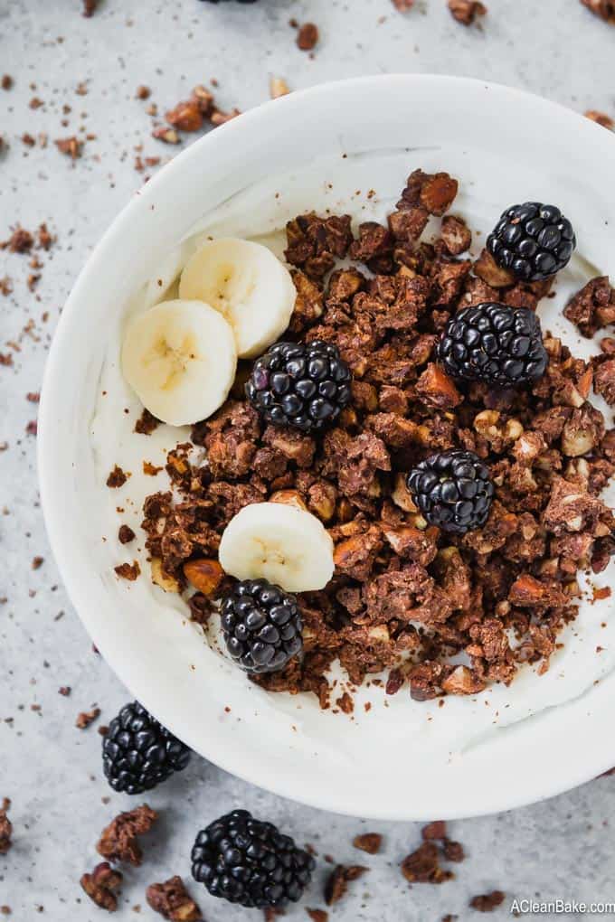 Paleo granola is a hearty, delicious homemade breakfast cereal that is made from nuts, coconut, and chocolate! This gluten free, dairy free, and lower carb paleo granola is irresistible!