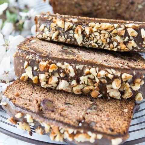 Gluten Free Paleo Banana Bread with Pecans, Dates and Caramel Glaze