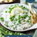 risotto with green peas and lemon served in a bowl. easy!