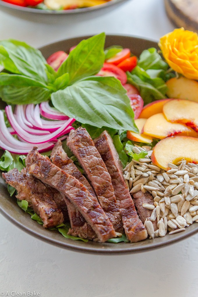 Summer Steak Salad Recipe with Peaches and Basil Vinaigrette (gluten free, paleo, whole30)