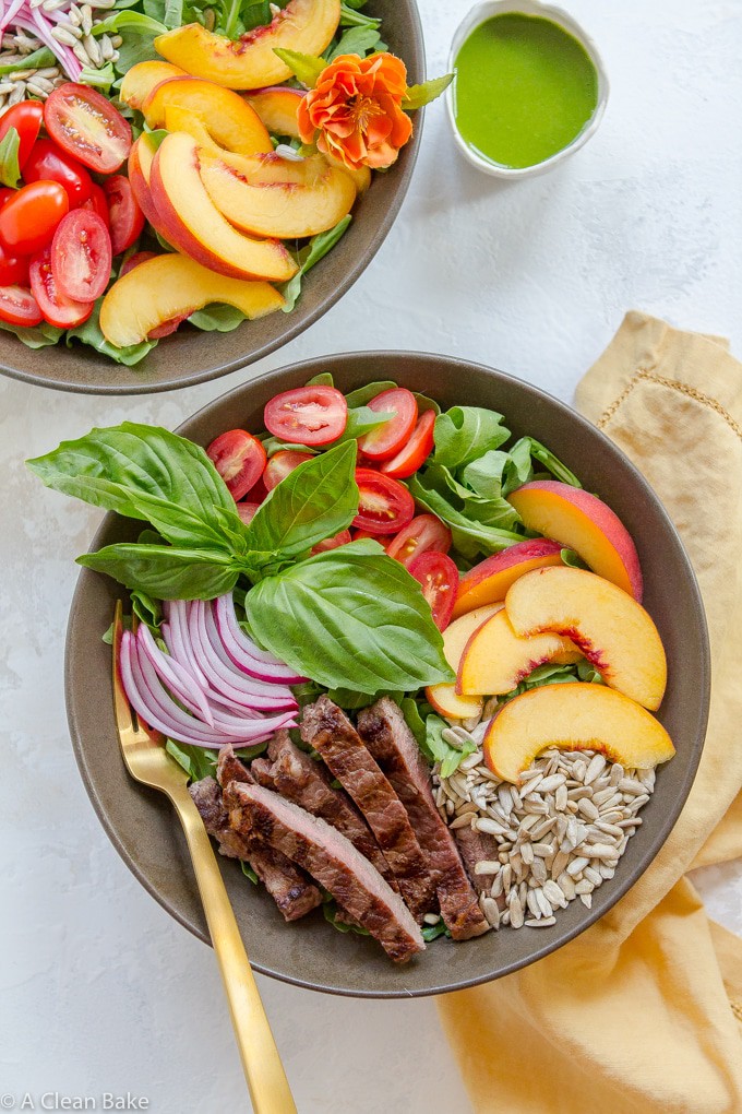 Summer Steak Salad Recipe with Peaches and Basil Vinaigrette (gluten free, paleo, whole30)