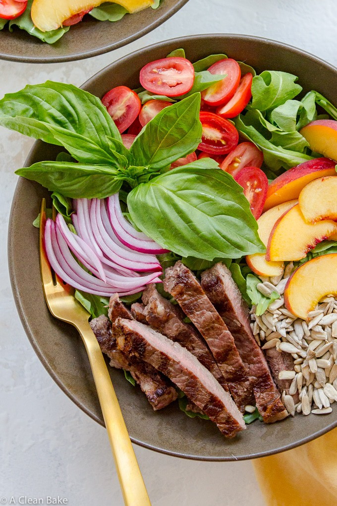 Summer Steak Salad Recipe with Peaches and Basil Vinaigrette (gluten free, paleo, whole30)