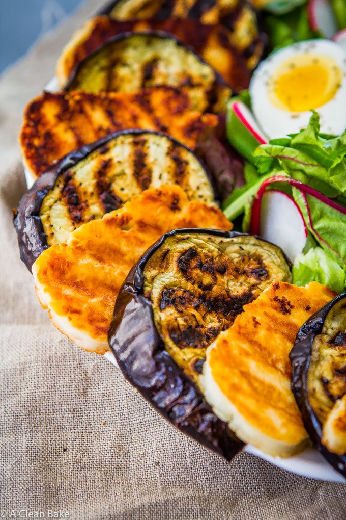 Grilled Eggplant Salad with Halloumi and Pesto Dressing (gluten free, paleo-ish, low carb, Whole30 Adaptable)