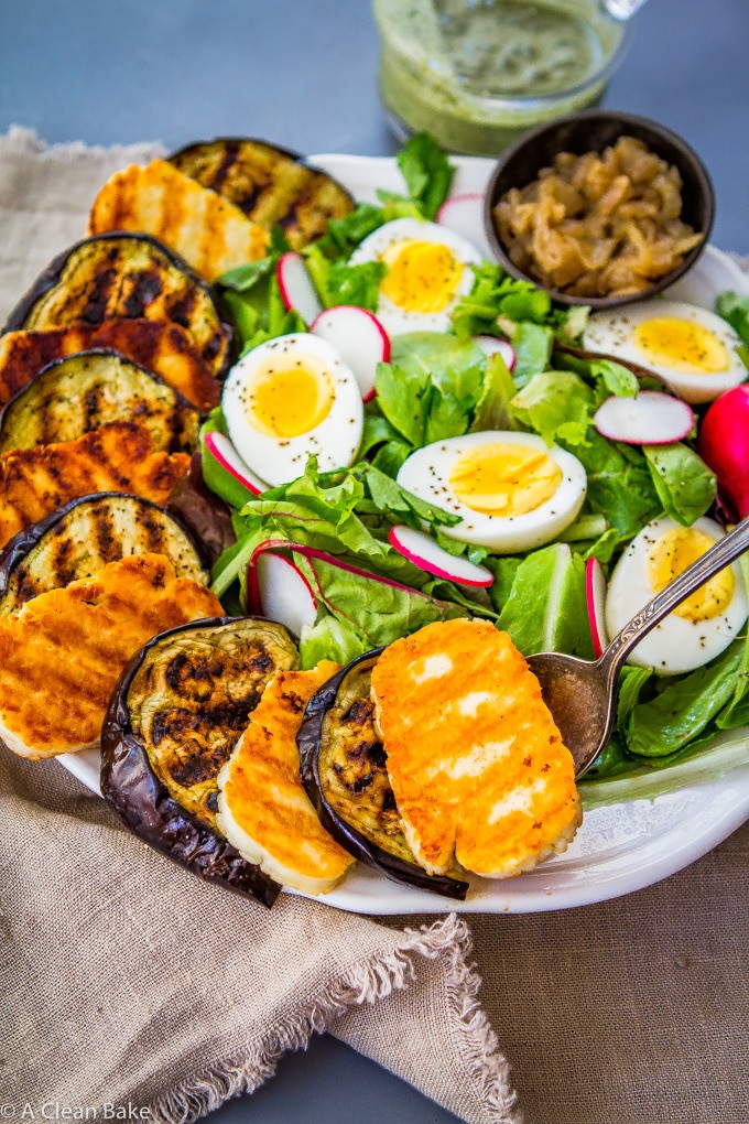 Grilled Eggplant Salad with Halloumi and Pesto Dressing (gluten free, paleo-ish, low carb, Whole30 Adaptable)