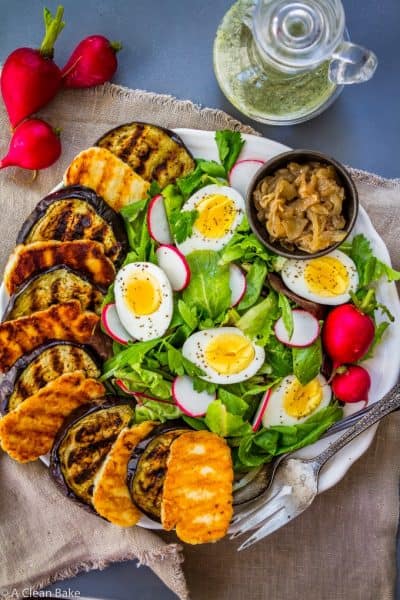 Grilled Eggplant Salad with Halloumi and Pesto Dressing (gluten free, paleo-ish, low carb, Whole30 Adaptable)