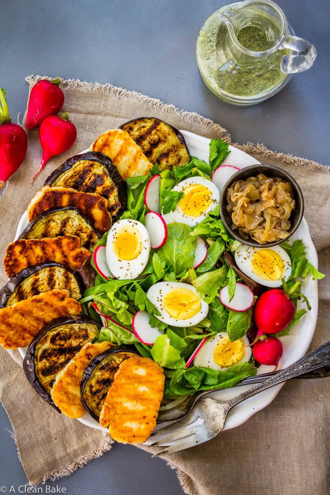 Grilled Eggplant Salad with Halloumi and Pesto Dressing (gluten free, paleo-ish, low carb, Whole30 Adaptable)