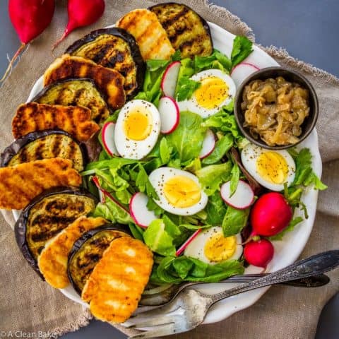 Grilled Eggplant Salad with Halloumi and Pesto Dressing (gluten free, paleo-ish, low carb, Whole30 Adaptable)