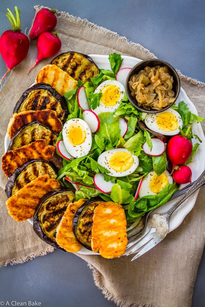 Grilled Eggplant Salad with Halloumi and Pesto Dressing (gluten free, paleo-ish, low carb, Whole30 Adaptable)