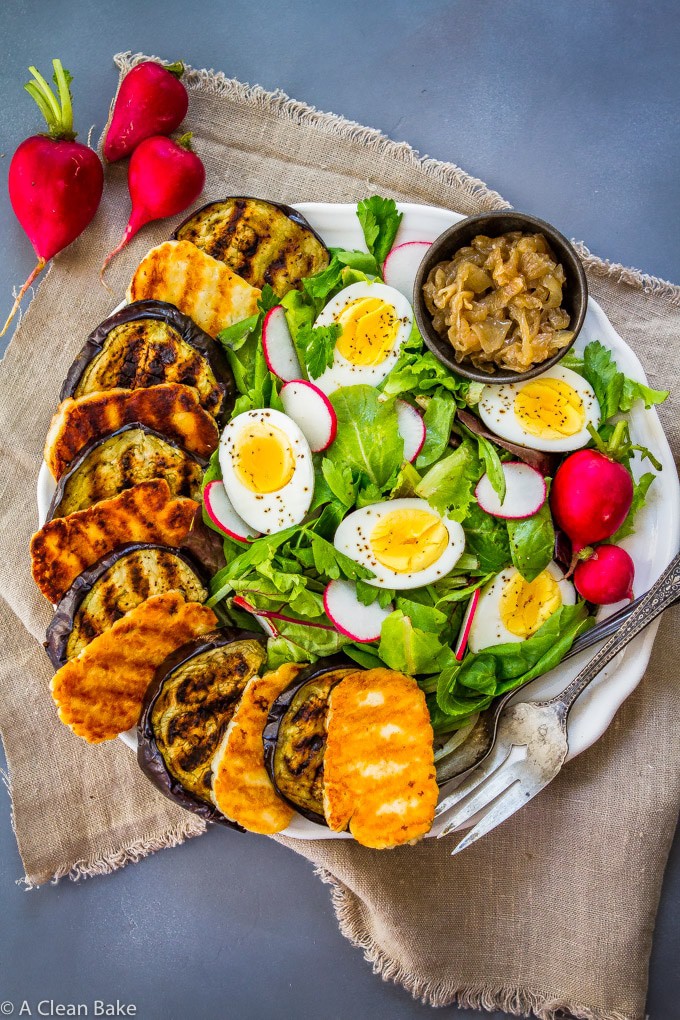 Grilled Eggplant Salad with Halloumi and Pesto Dressing (gluten free, paleo-ish, low carb, Whole30 Adaptable)