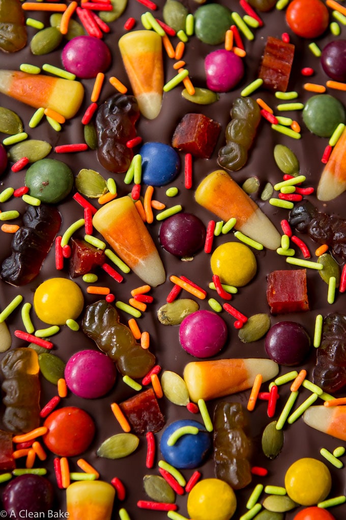 Halloween Bark Made with Dark Chocolate and Naturally-Colored Candies! (#glutenfree #paleo #chemicalfree #recipe #chocolate