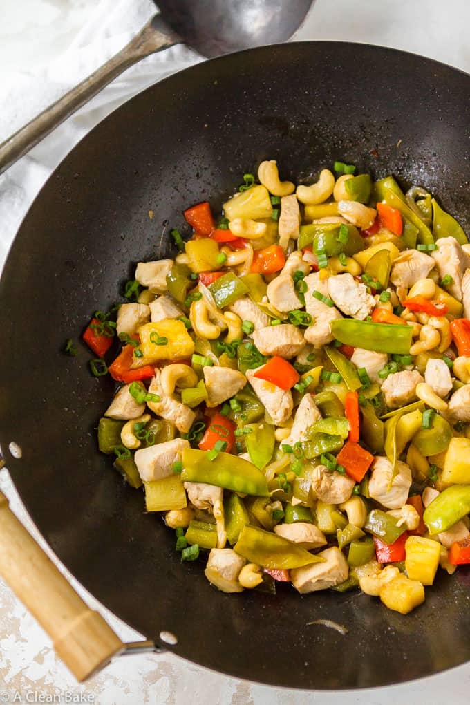 Skip the takeout! Cashew Chicken is so easy to make at home, in only one pan. Plus, it's on the table in 30 minutes or less! #glutenfree #paleo #recipe #chicken #dinner #30minutemeals #takeoutfakeout