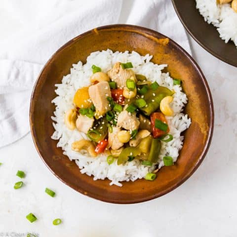 Skip the takeout! Cashew Chicken is so easy to make at home, in only one pan. Plus, it's on the table in 30 minutes or less! #glutenfree #paleo #recipe #chicken #dinner #30minutemeals #takeoutfakeout
