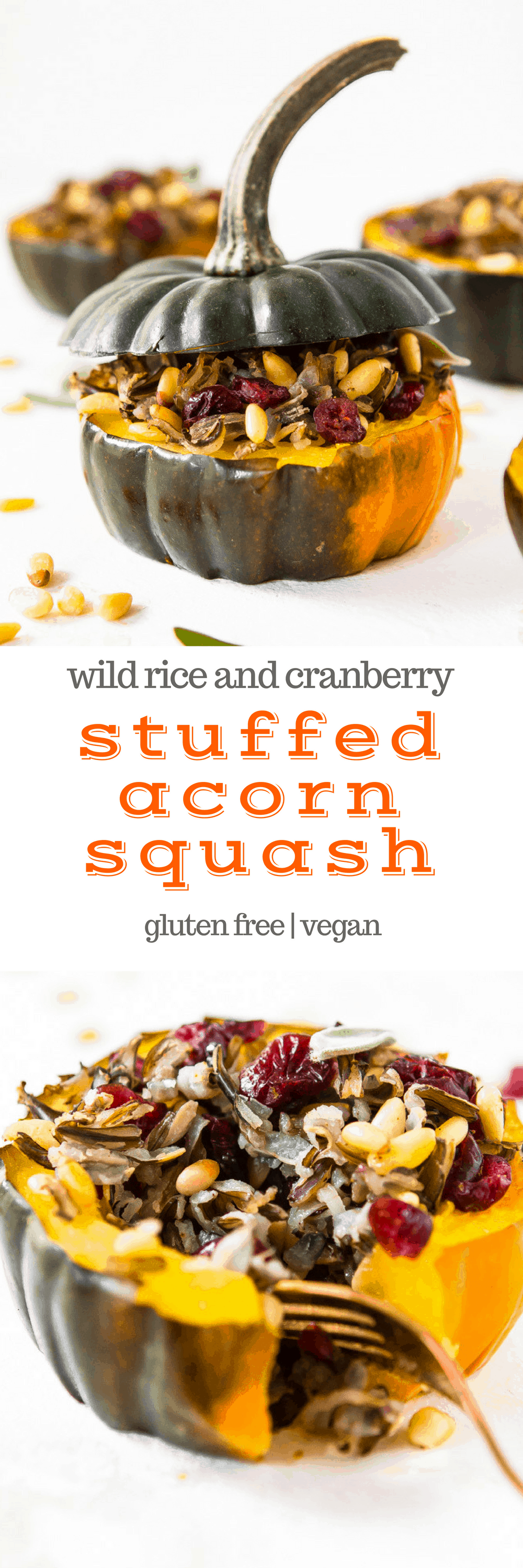 Stuffed Acorn Squash with Cranberries and Wild Rice makes a great vegetarian, vegan, and gluten free dinner or side dish! It's easy to make, can be prepped ahead, and is a great addition to Thanksgiving, Christmas, or other holiday meal #glutenfree #vegan #vegetarian #dinner #sidedish #meatfree #lowfat #healthy #rice #squash #wholegrain #healthyfood