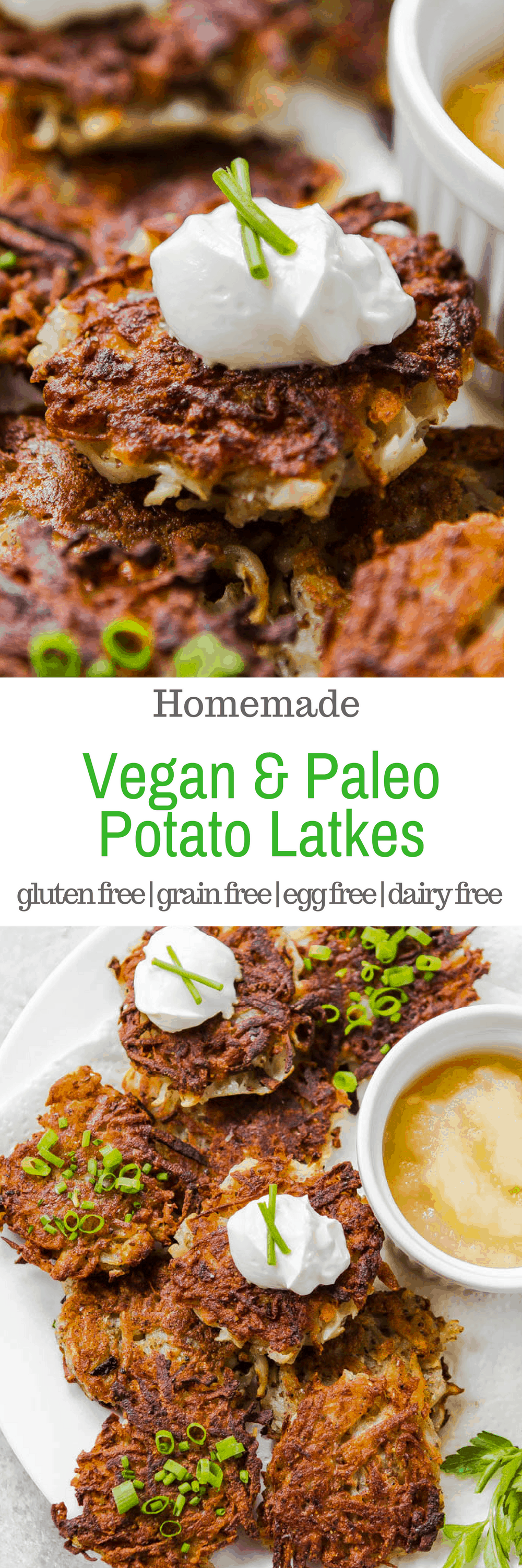 There are plenty of potato latke recipes out there for Hanukkah, but these are special because they contain NO gluten, grains, eggs, or dairy! #EggFree, #Glutenfree #grainfree #vegan #paleo #recipe #Hanukkah #Chanukah #recipe