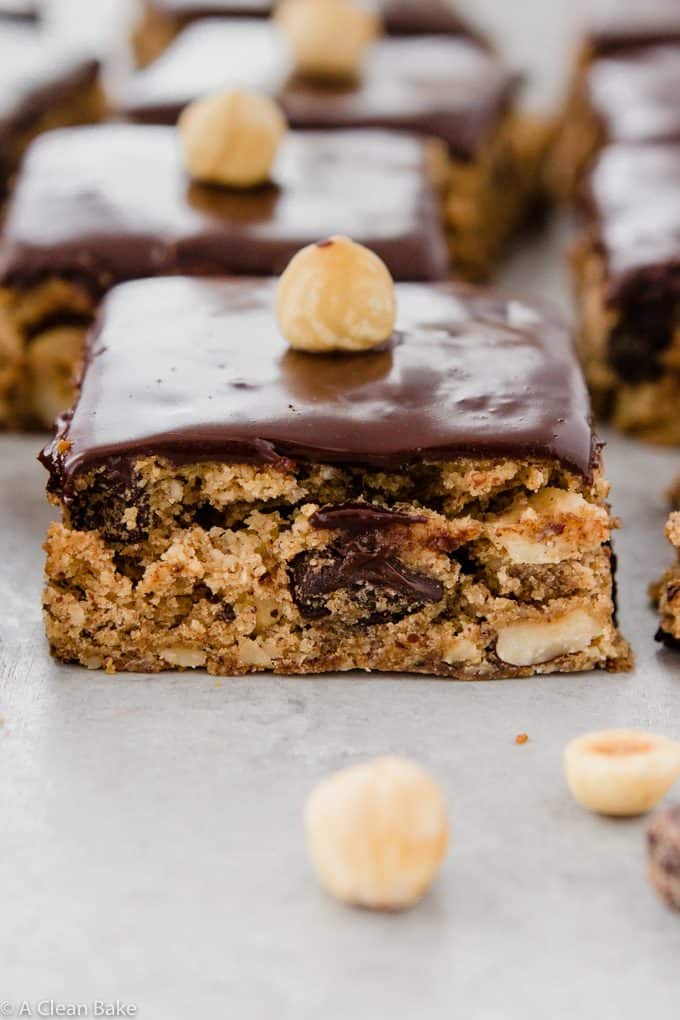 Hazelnut Chocolate Chip Cookie Bars with homemade dairy free ganache (Gluten Free, Paleo)