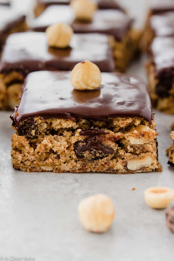 Hazelnut Chocolate Chip Cookie Bars with homemade dairy free ganache (Gluten Free, Paleo) 