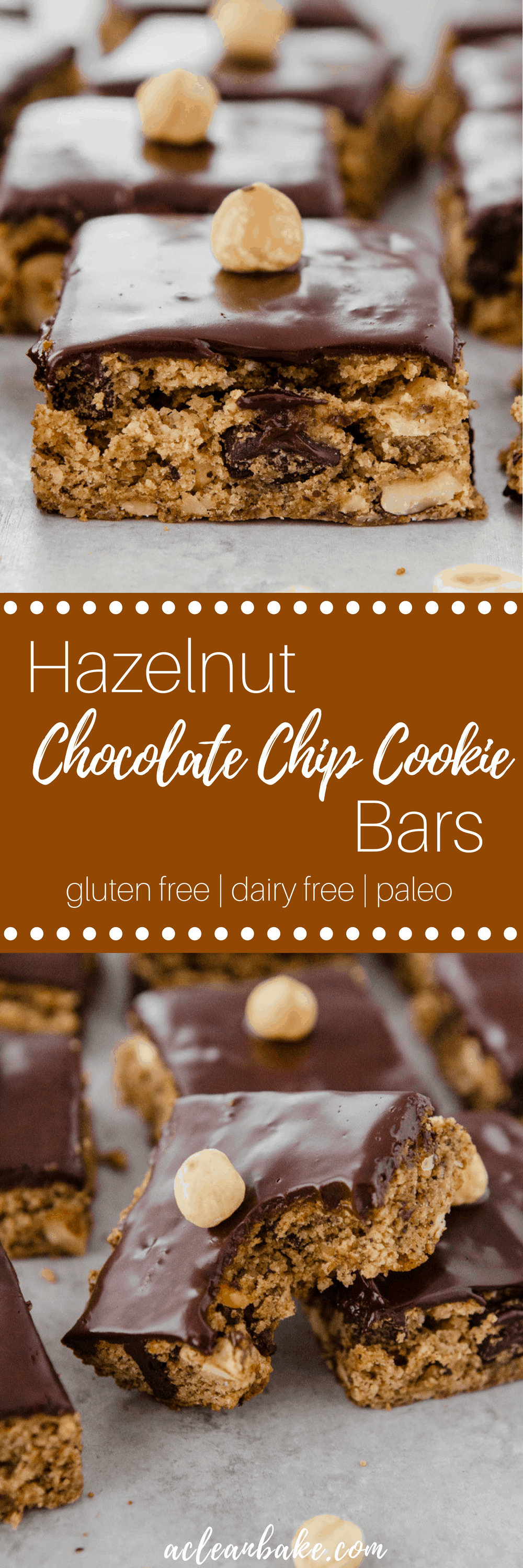 These Hazelnut Chocolate Chip Cookie Bars are so easy to make and taste like a classic chocolate chip cookie studded with rich hazelnuts and pools of chocolate! They're perfect for the holidays or any time. The recipe is healthier too: it's #glutenfree, #paleo, #dairyfree, and #naturallysweetened with no refined #sugar! #recipe #cookie #bar #chocolate #christmas #holiday #cookieexchange #ganache #sweets #dessert