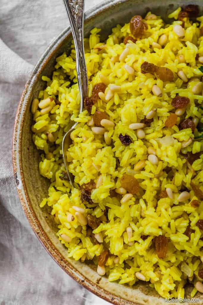 Turmeric Rice with Golden Raisins in a bowl