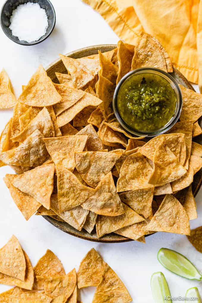 Homemade Gluten Free Tortilla Chips (Baked, Not Fried!) #glutenfree #realfood #healthysnack #glutenfreesnack #homemade #diy #baked #lowfat #healthy #healthier