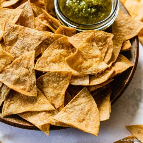 Homemade Gluten Free Tortilla Chips (Baked, Not Fried!) #glutenfree #realfood #healthysnack #glutenfreesnack #homemade #diy #baked #lowfat #healthy #healthier