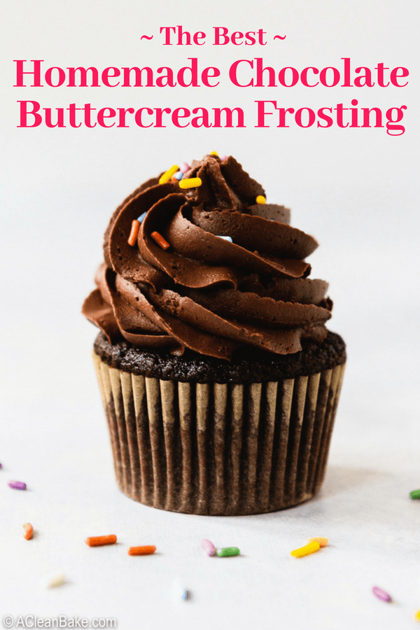 This is the BEST Chocolate Buttercream Frosting Recipe you'll try. It's made with less sugar, so the chocolate flavor shines through! The texture is rich and silky. Everyone loves this easy chocolate buttercream frosting! #glutenfree #cakes #cakedecorating #frosting #dessert #dessertrecipe #dessertrecipes #cakerecipe #cakerecipes