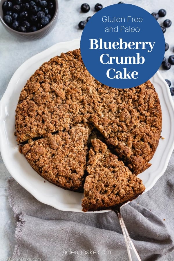 Slice of paleo blueberry crumb cake on a plate - square