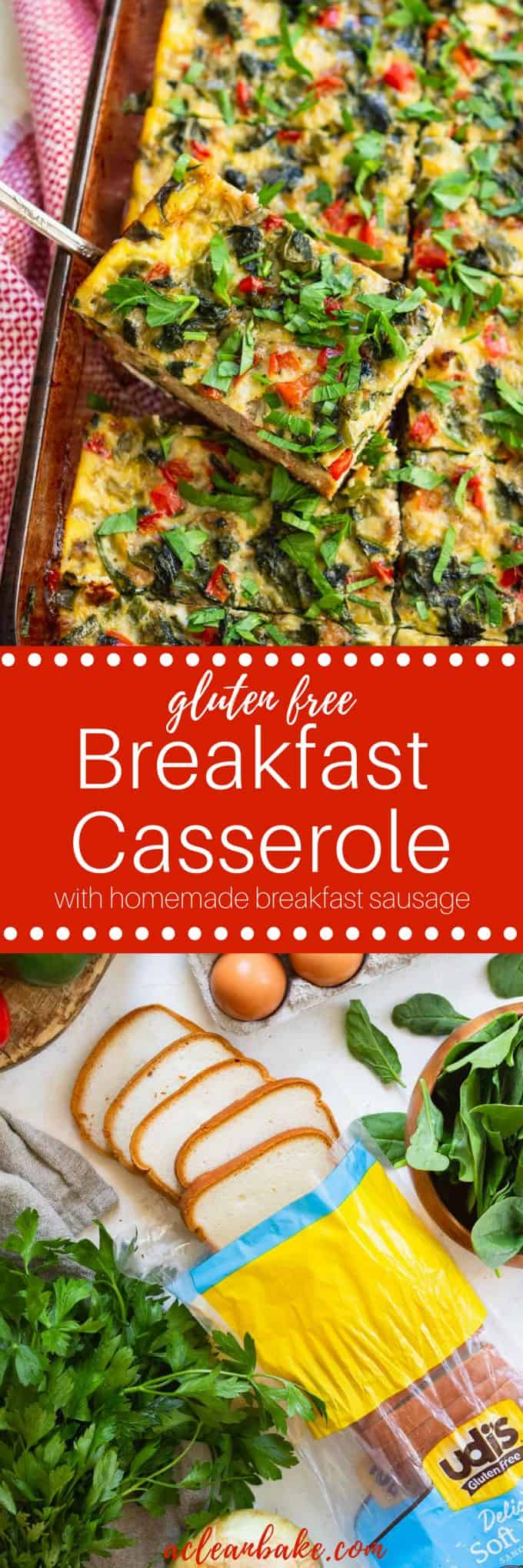 This gluten free breakfast casserole is perfect for meal prep, hungry kids, holiday guests and everything in between! A base of @udisglutenfree sandwich bread topped with all real food ingredients make this a hearty and delicious meal. Pin this recipe for later - you'll be glad you did! #glutenfree #realfood #glutenfreebreakfast #healthybreakfast #glutenfreerecipes #udisglutenfree #healthyrecipes #cleaneating