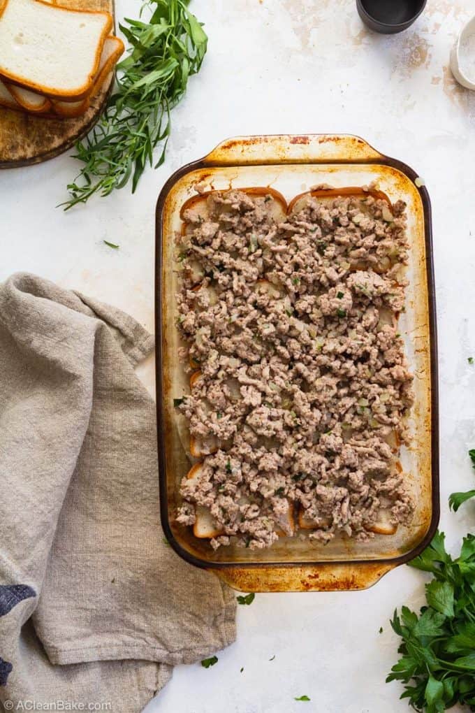 ground meat in a pan for a layer of Gluten Free Breakfast Casserole with Homemade Sausage