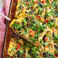 Slice of gluten free breakfast casserole on a spatula
