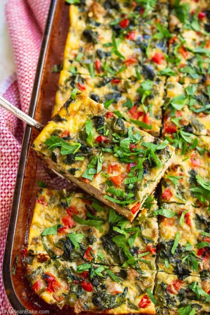 Slice of gluten free breakfast casserole on a spatula