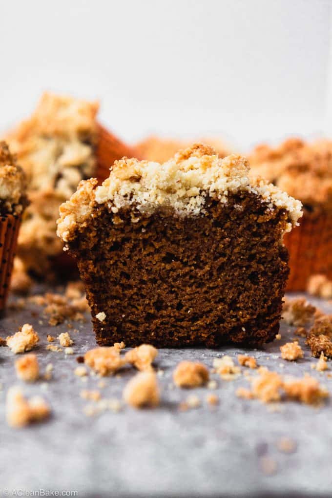 half paleo pumpkin muffin on the table