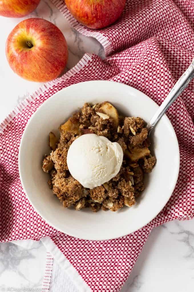 Bowl of Vegan Paleo Apple Crisp with Ice Cream