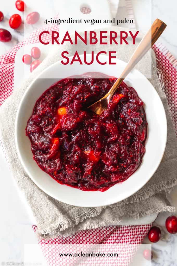 This paleo cranberry sauce is the easies Thanksgiving dinner side you'll ever make. It requires only 4 ingredients (plus water) and about 15 minutes of your time, and is naturally sweetened with coconut sugar and orange juice. Don't stress about the sides this year! #paleo #paleorecipes #paleothanksgiving #cleaneating #cleaneatingrecipes #glutenfreethanksgiving #glutenfreerecipes #sidedish #thanksgivingside #vegan #veganrecipes #veganthanksgiving #cranberry #cranberryrecipes #realfood 