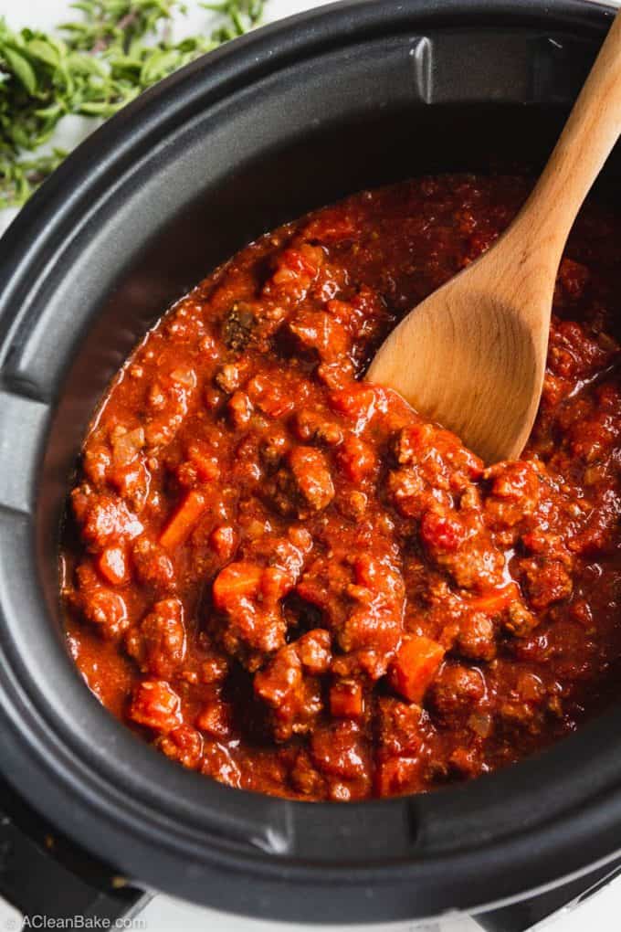 Slow Cooker Bolognese Sauce in a Bowl with a fork