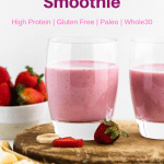 Delicious, healthy, and high protein strawberry banana smoothie that kids and adults love! Make it with dairy or alternative yogurt and milk (for dairy free), and use your protein powder of choice. Unbelievably easy to make with fresh or frozen fruit and nutrient rich thanks to hidden boosts of spinach and oats! #smoothie #smoothierecipe #Healthybreakfastrecipe #Healthysmoothie #proteinpacked #healthybreaskfastidea #easybreakfastidea