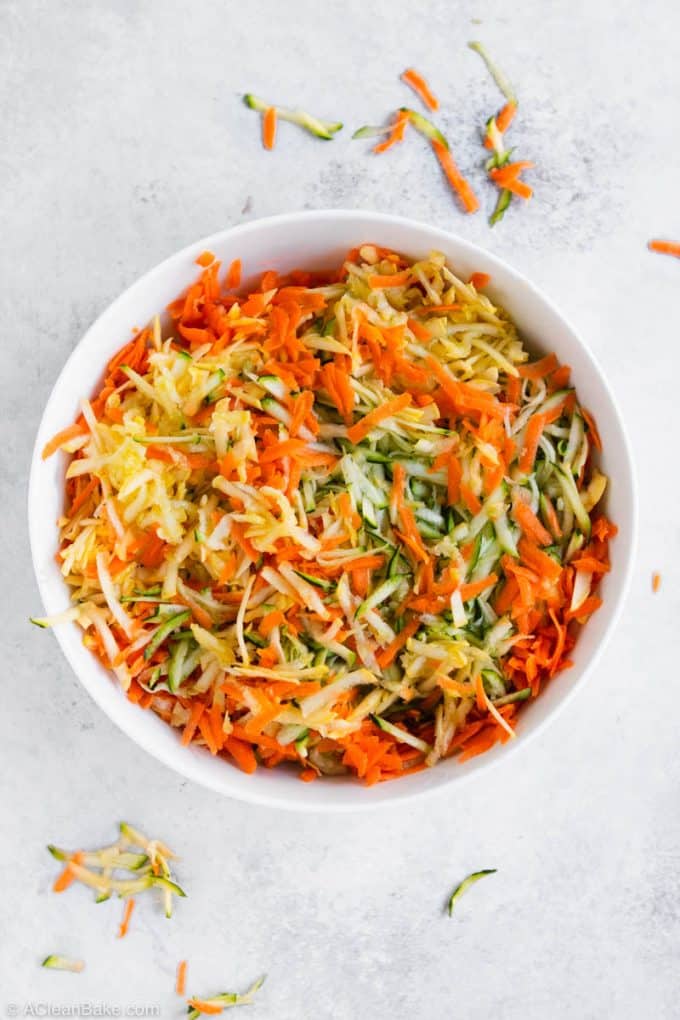 Large bowl of shredded veggies for Paleo Gluten Free vegetable Fritters