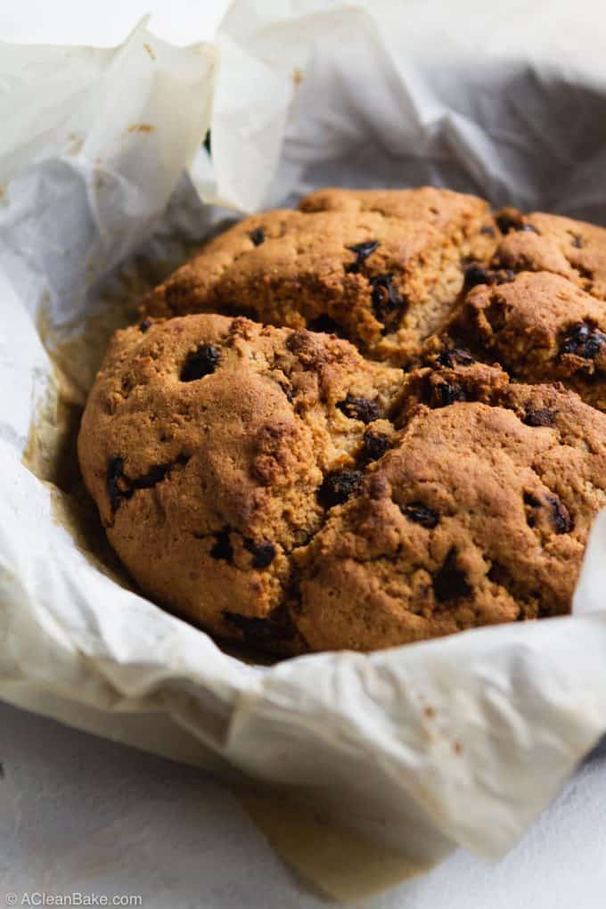 Loaf of paleo gluten free Irish soda bread in a cast iron pan