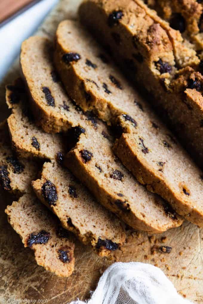 Loaf of paleo gluten free irish soda bread on a cutting board, sliced