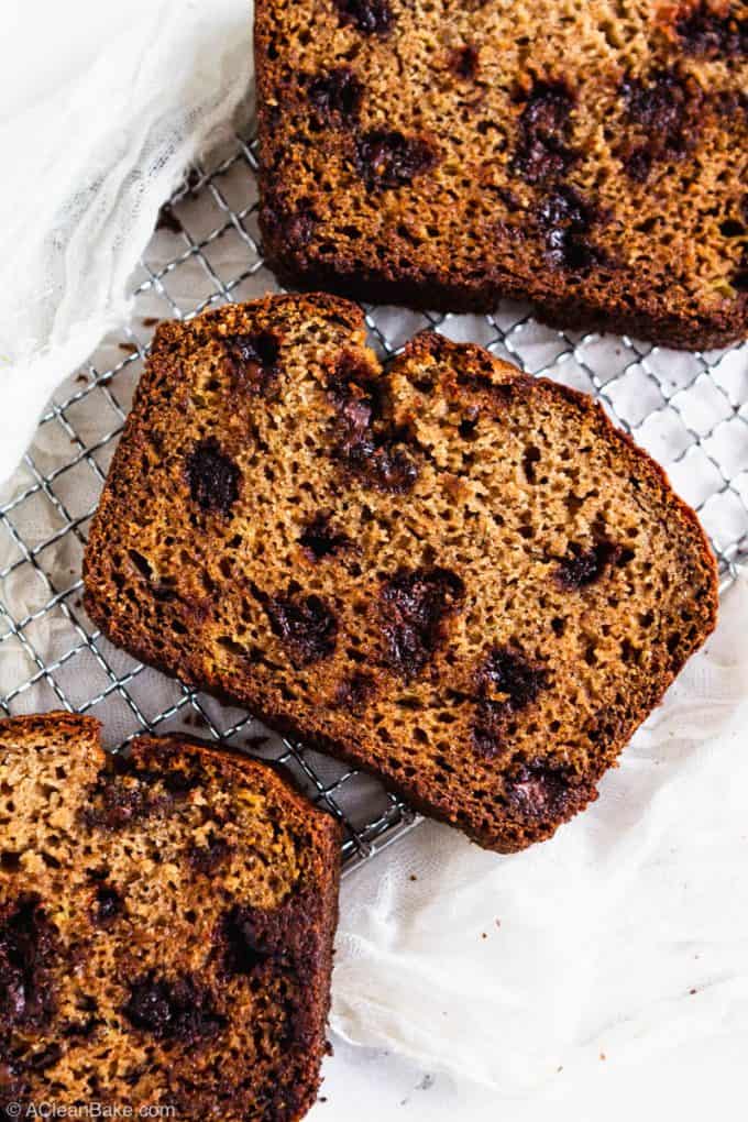 Slices of paleo gluten free banana bread on a cooling rack