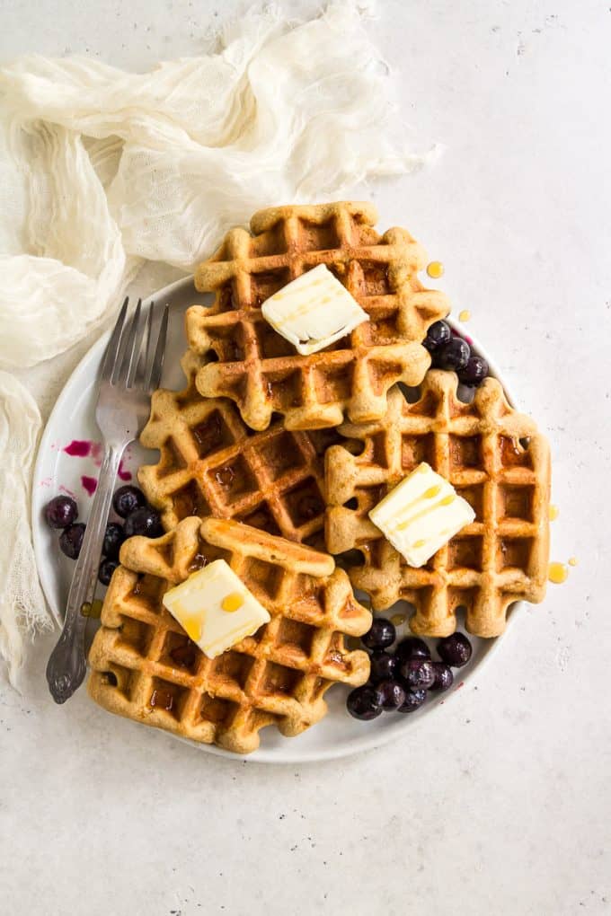 Plate of paleo gluten free waffles with butter