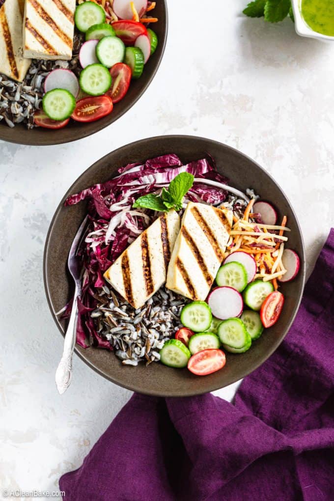 Grilled Tofu Buddha Bowls with Mint Sauce (gluten free and vegan)