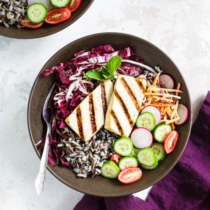 Grilled Tofu Buddha Bowls with Mint Sauce (gluten free and vegan)