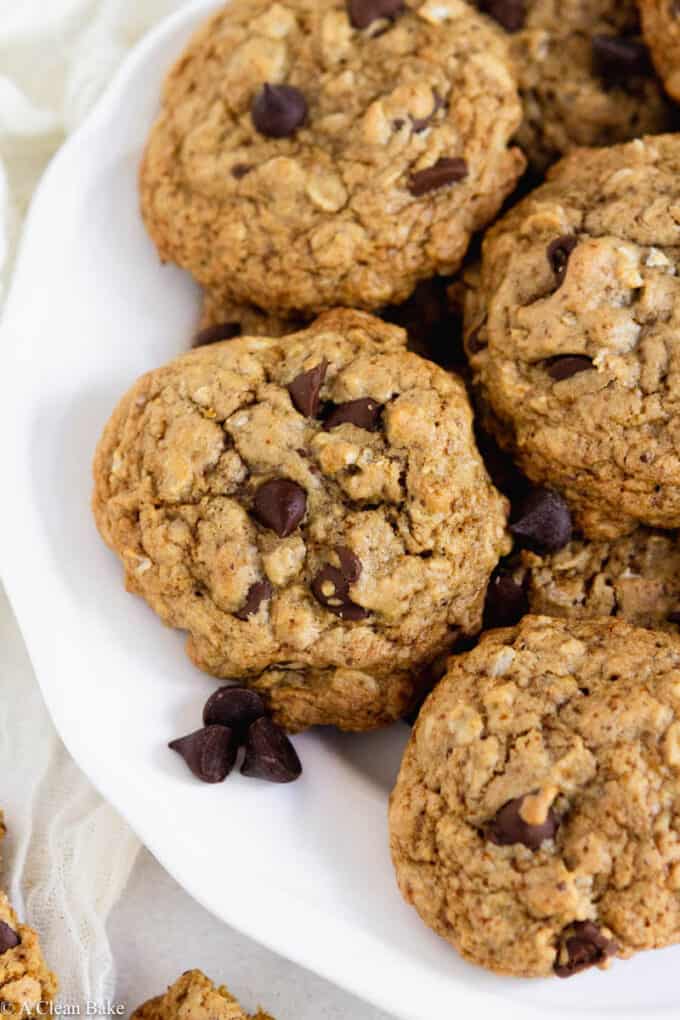 Gluten free oatmeal chocolate chip cookies on a plate