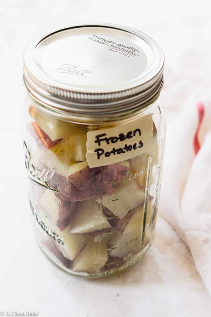 How to Freeze Potatoes: Jar of potatoes labeled with 