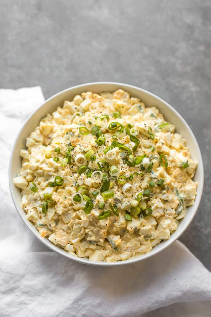 A bowl of egg salad ready to eat