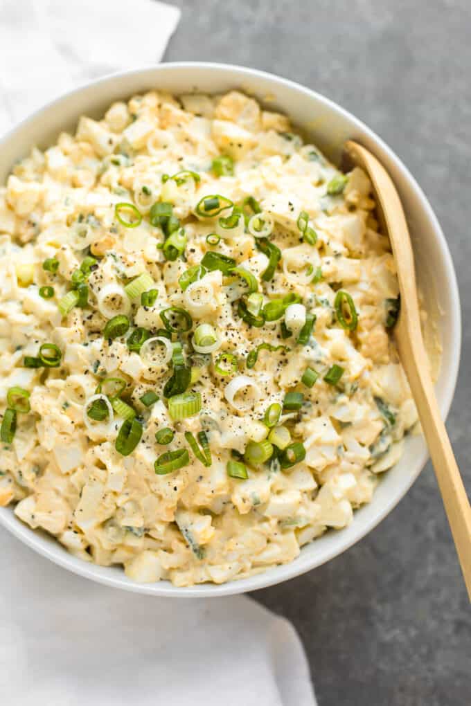 Bowl of simple egg salad with a spoon