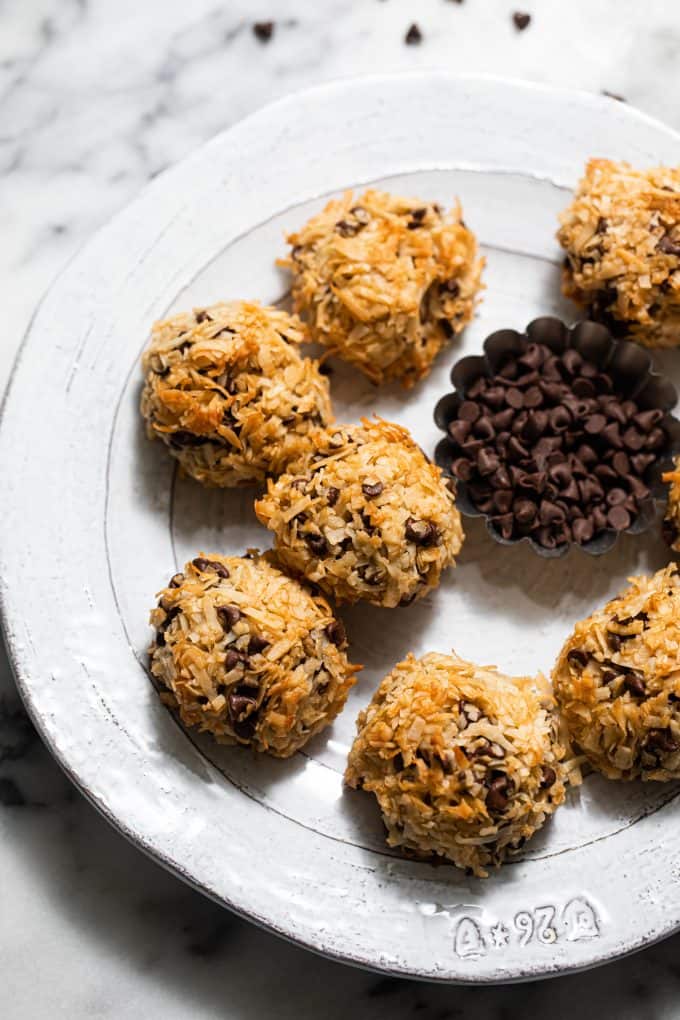 Chocolate Chip Coconut Macaroons on a platter