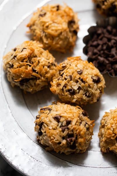Chocolate Chip Coconut Macaroons on a platter close up