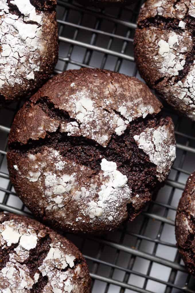Close up of paleo gluten free chocolate crinkle cookie