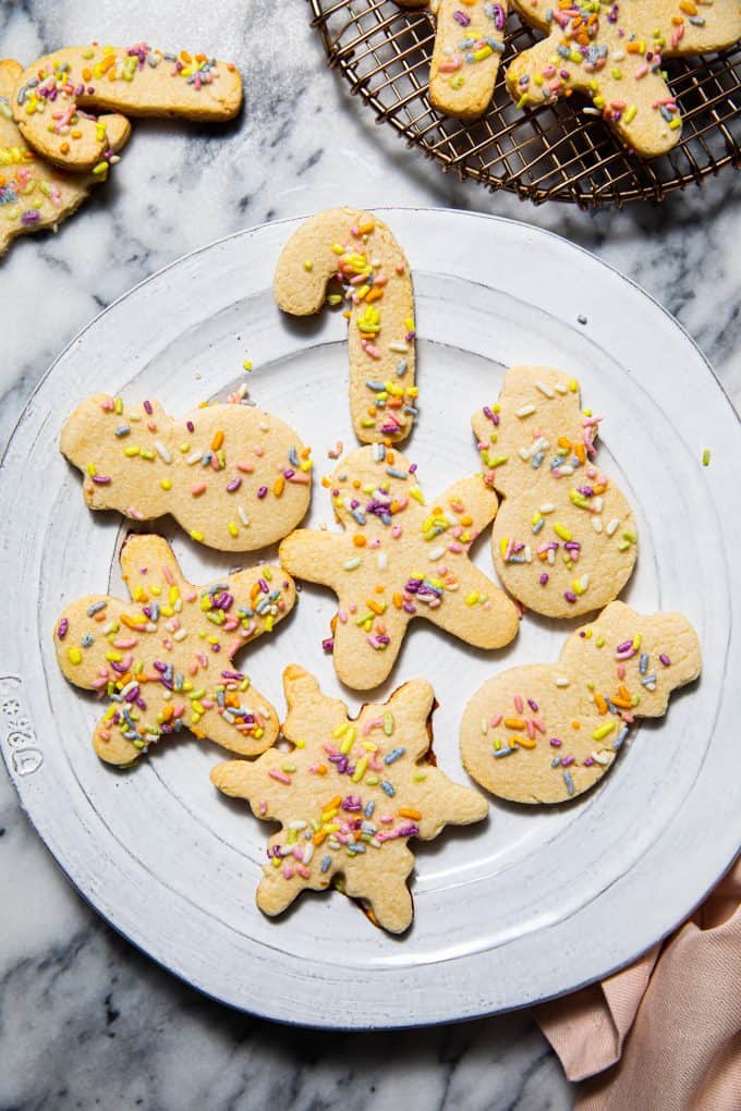 Plate of Paleo Gluten Free sugar cookies on a marble table